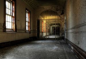 Gated corridor, a leftover prop from the film 'Asylum'